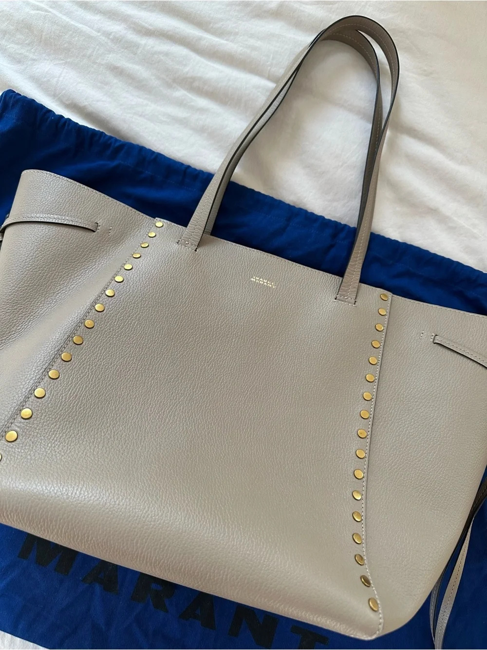 Isabel Marant Oskan Taupe Studded Leather Tote with Gold Accents